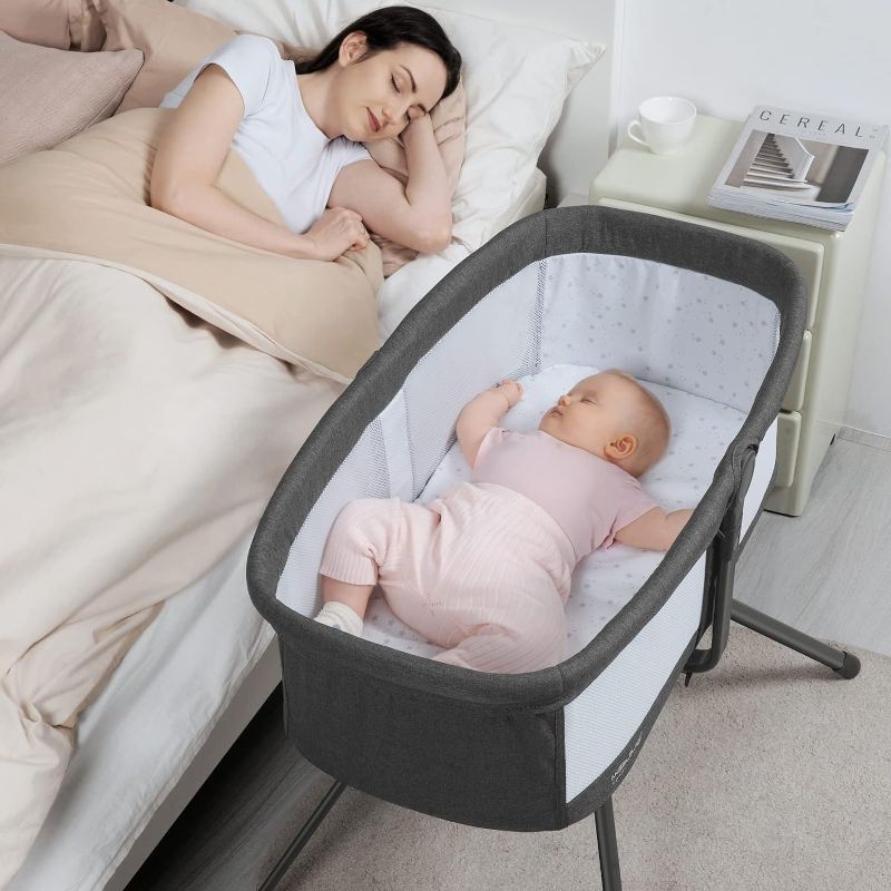 Photo 1 of ANGELBLISS 3 in 1 Baby Bassinet, Rocking Bassinets Bedside Sleeper with Comfy Mattress and Wheels, 6 Height Adjustable Easy Folding Portable Bedside Crib for Newborn Infant