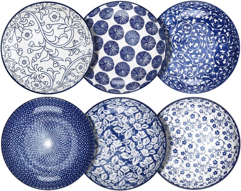 Photo 3 of Selamica Porcelain Salad Pasta Bowls, Serving bowls, Microwave & Dishwasher Safe, Sturdy & Stackable - 26 Ounce, Set of 6, Vintage Blue
