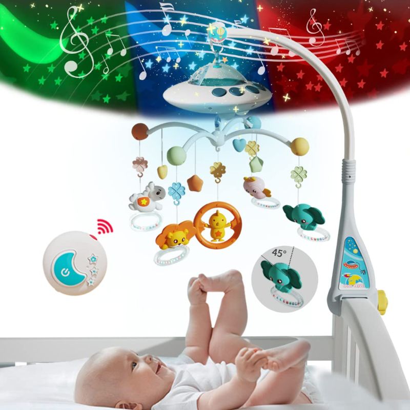 Photo 1 of Baby Musical Crib Mobile with Night Lights and Relaxing Music,Hanging Rotating Animals Rattles,Stars Projection,Remote Control,for Boy Girl Newborn Baby Toys?Blue?