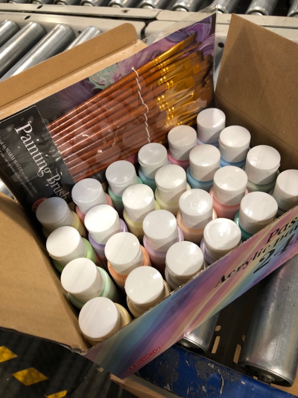 Photo 2 of Pastel Acrylic Paint Set with 12 Brushes, 24 Pastel Colors (59ml, 2oz) Art Craft Paint for Artists Students Kids Beginners, Canvas Ceramic Wood Rock Painting Supplies Kit, Easter Decorations 24 Colors Pastel Acrylic Paint 2 fl oz/60 ml