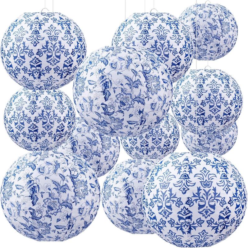 Photo 2 of 12 Pcs Chinoiserie Paper Lantern Set 10 Inches Blue and White Porcelain Print Chinese Round Lantern Hanging Decorations Ceiling Birthday Party Baby Shower Wedding Home Decor