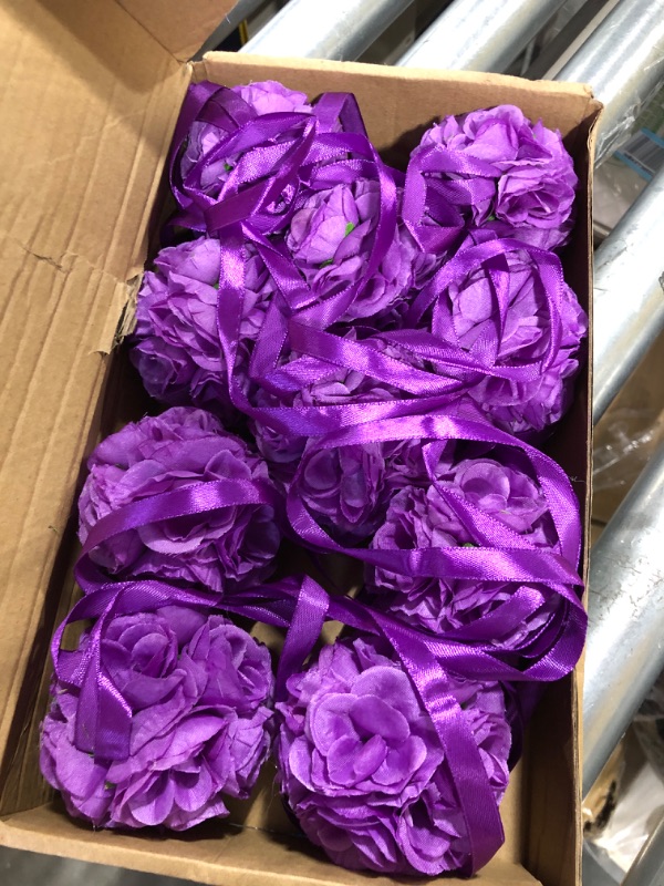 Photo 2 of 10 Pack 3 inch Artificial Rose Satin Pomander Kissing Balls for Home Wall Wedding Party Ceremony Decoration,Purple 10 Purple