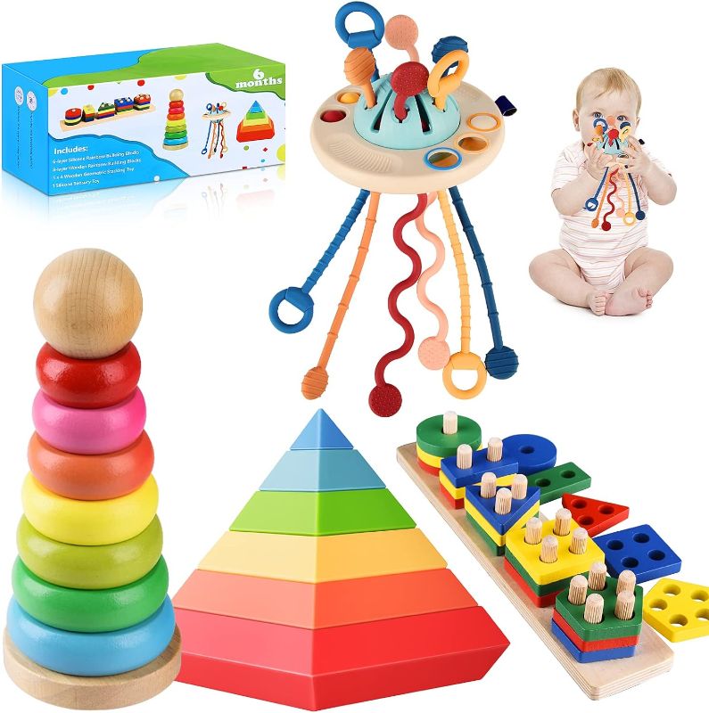 Photo 1 of 4 in 1 Montessori Toys for Babies, Baby Toys 6 to 12 Months, Stacking Building Blocks & Pull String Baby Teething Toys 3-6-9-12 M+,Toddler Sensory Toys Ages 1-2, Toddler Learning Toys