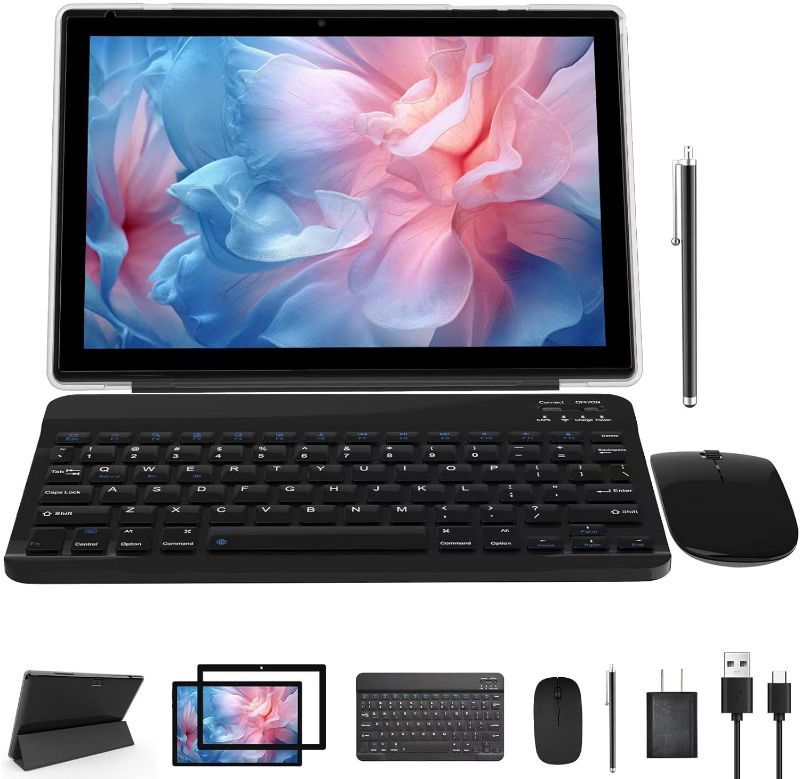 Photo 1 of *FOR PARTS ONLY* 2 in 1 Tablet 10 Inch Android 12 OS Tableta, Tablets with Keyboard, Mouse, Case, Tempered Film, 64GB ROM+4GB RAM, 8MP Dual Camera, Quad Core Processor, 6000mAh Battery, 10.1 IN FHD Tab Black