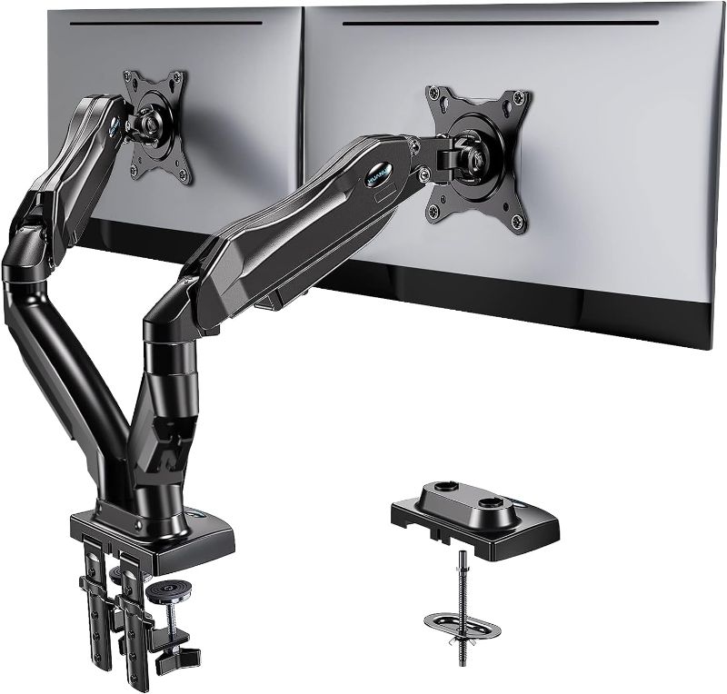 Photo 1 of HUANUO Dual Monitor Stand - Adjustable Spring Monitor Desk Mount Swivel Vesa Bracket with C Clamp, Grommet Mounting Base for 13 to 30 Inch Computer Screens - Each Arm Holds 4.4 to 19.8lbs