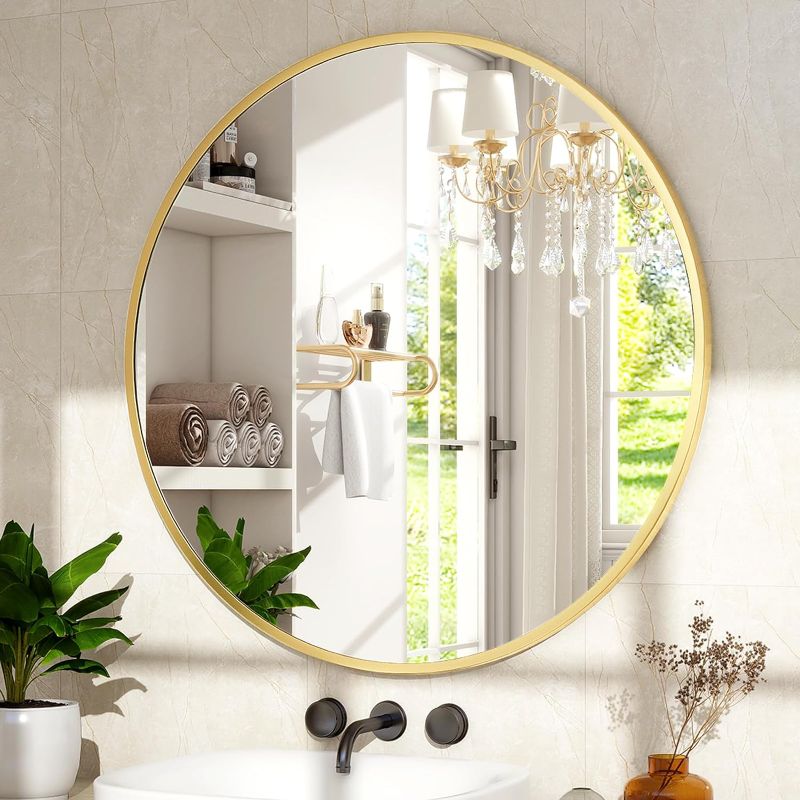 Photo 1 of 18 Inch Round Gold Metal Wall Mirror - Stylish Circle Mirror for Entryway, Bathroom, and Living Room Decor | Matte Gold Circle Wall Mirror