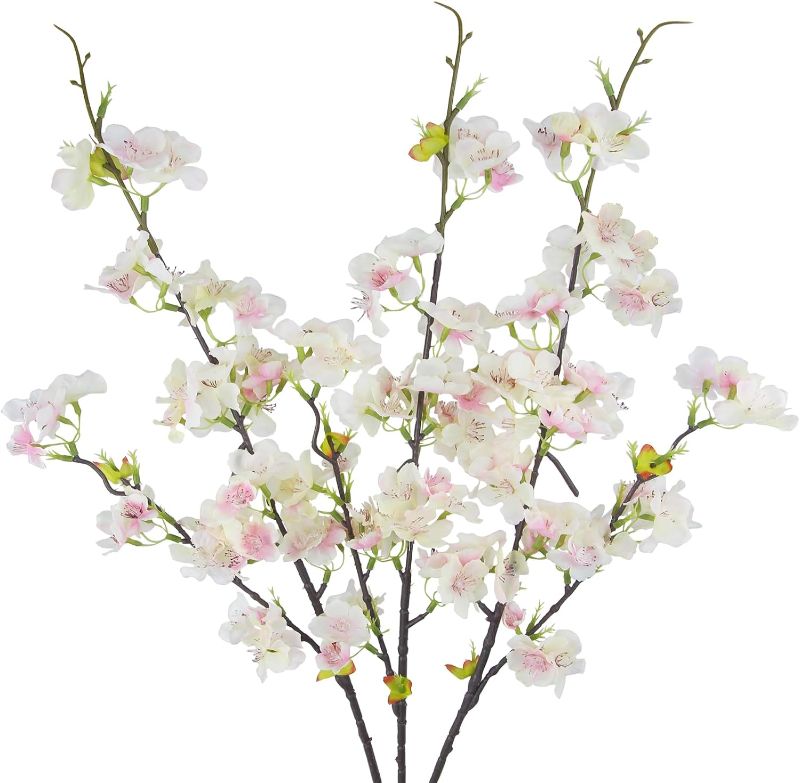 Photo 1 of 3 Pcs Artificial Cherry Blossom Flowers Pink Faux Cherry Blossom Branches Silk Peach Flowers Bulk Spring Branches Arrangement Cherry Flowers Stems for Outdoor Indoor Wedding Table Vase Decor