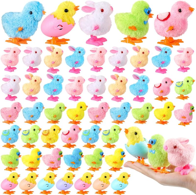 Photo 1 of 48 Pcs Easter Bunny and Jumping Chick Bulk Cute Plush Wind up Toys Hopping Chick Toys Windup Spectacled Chicks for Kid Adult Easter Egg Basket Stocking Stuffers Party Favors Gift, Colorful
