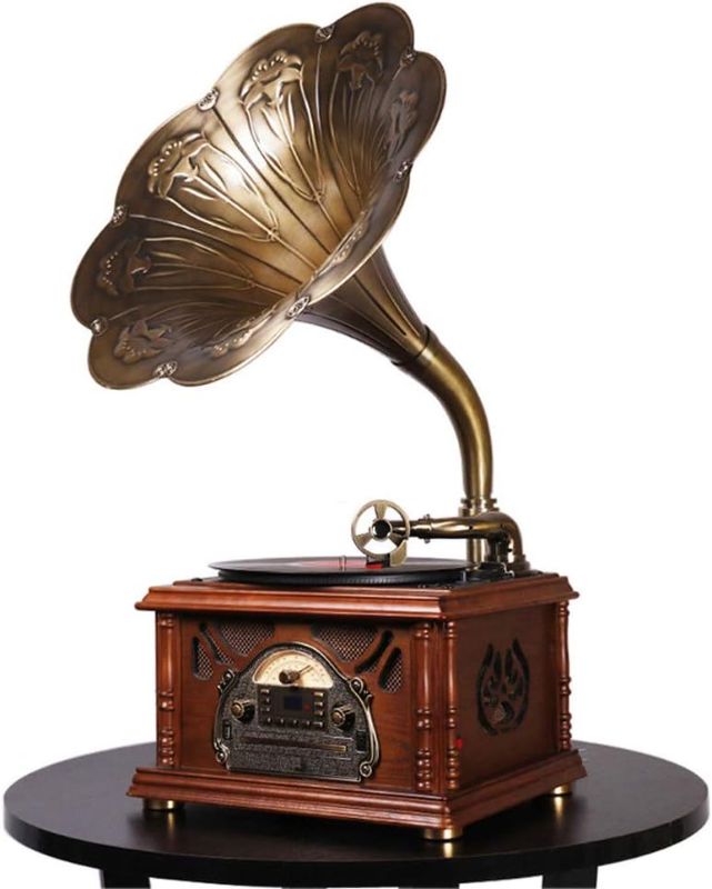 Photo 1 of Bluetooth Phonograph Record Player,Portable Version Gramophone Vintage Retro Style Subwoofer Speaker/Aux-in,CD,FM/AM Radio,45 RPM Adapter, for HX-411/12/NF-601/605/610 (Horn with Texture)
