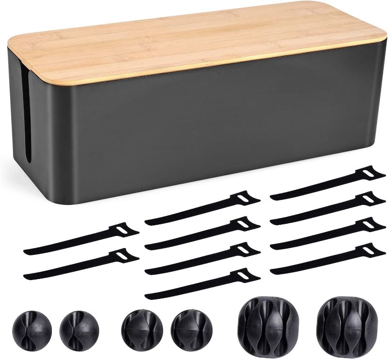 Photo 1 of Cable Management Box - Wooden Style Large Cord Organizer Box to Hide Wires & Power Strips | Desk Computer Cable Organizer Box | Safe ABS Material |16" (L) x 6.2" (W) 5.3" (H)|for Home & Office - Black