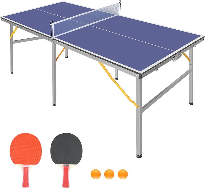 Photo 1 of 6ft Mid-Size Table Tennis Table Foldable & Portable Ping Pong Table Set for Indoor & Outdoor Games with Net, 2 Table Tennis Paddles and 3 Balls