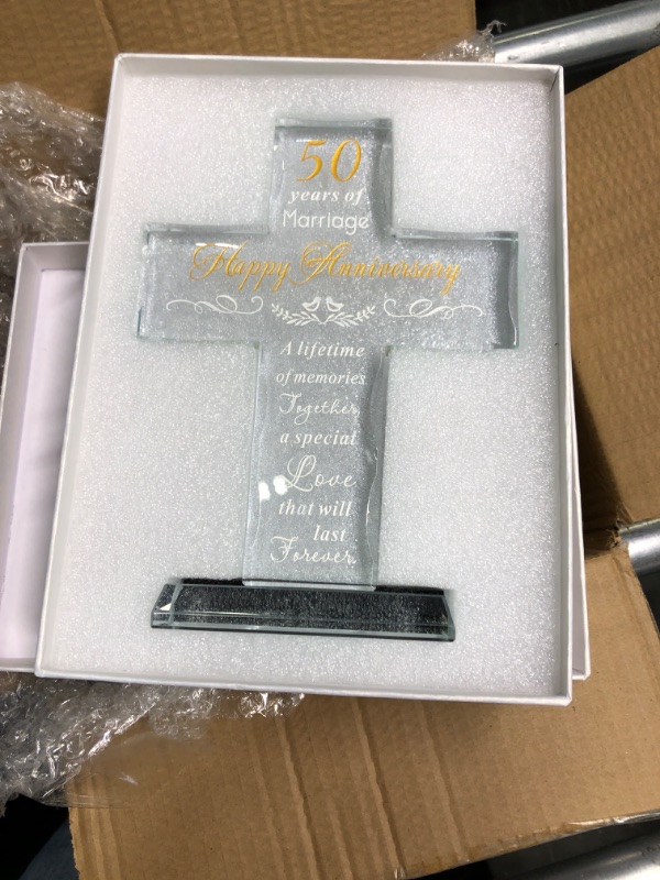 Photo 2 of YWHL 50th Wedding Anniversary Religious Cross Gifts for Parents, Laser Engraved Glass Standing Cross Keepsake for Couple, 50 Years of Marriage Cross Present