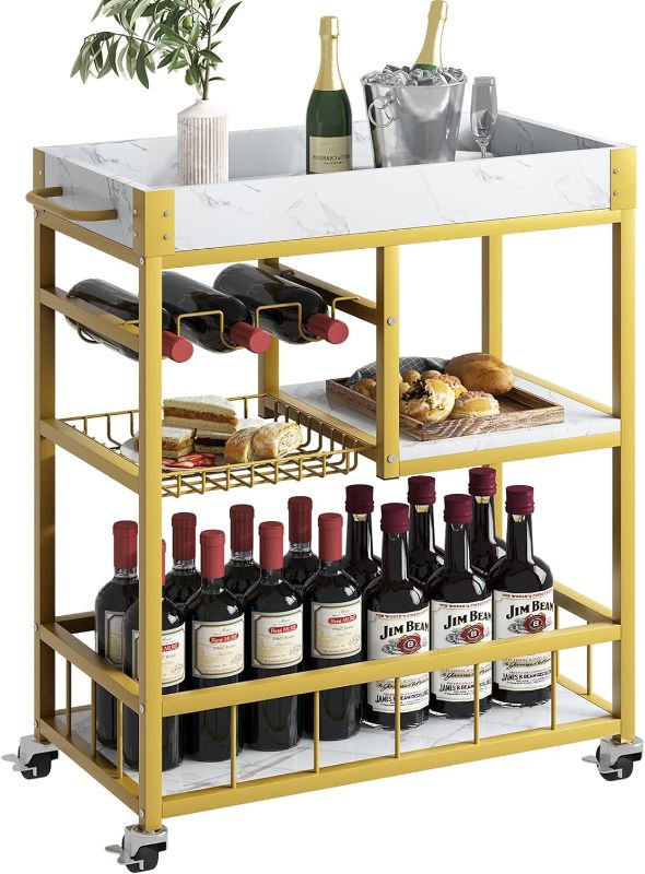 Photo 1 of aboxoo Bar Cart 3 Tiers Removable Storage Tray with Wine Rack & Basket Tier,Rolling Beverage Cart,Mobile Bar Serving Cart with Handle, White Marble Wood and Gold Frame Home Kitchen Shelf for Party