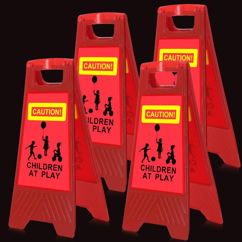 Photo 1 of 4 Pcs Reflective Slow Down Kids at Play Sign Double Sided 24 Inch Portable Handle Children At Play Warning Board Caution Safety Signs for Street Neighborhood Yard School Park Sidewalk (Red)