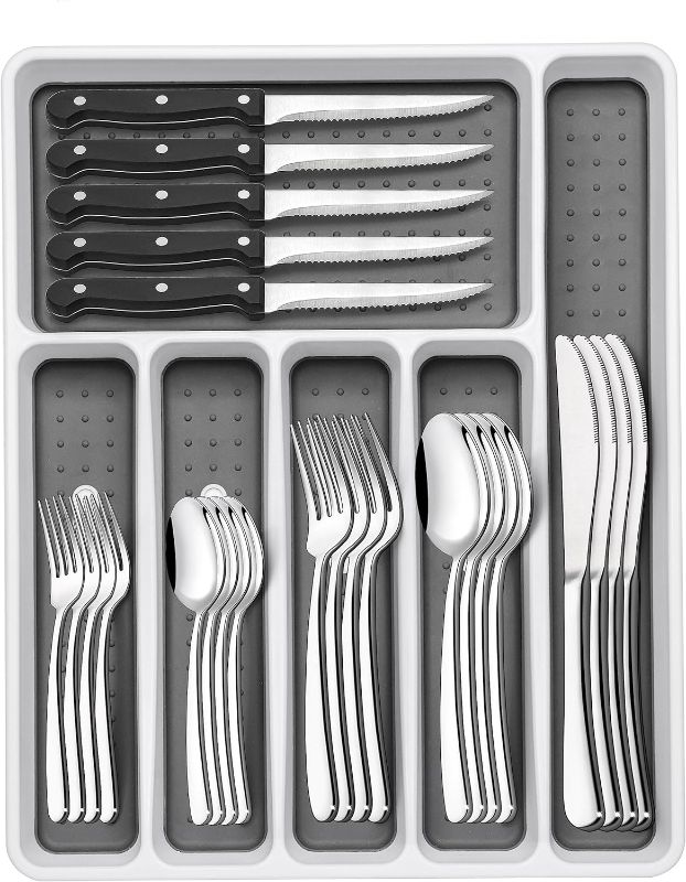 Photo 1 of 49-Piece Silverware Set with Organizer, Heavy Duty Stainless Steel Flatware for 8, Cutlery Utensil Sets with Steak Knives, Rust-proof, Mirror Polished, Dishwasher Safe