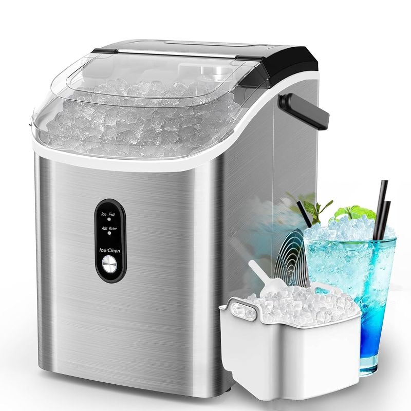 Photo 1 of *****NON FUNCTIONAL//SOLD AS PARTS***** 
Kndko Nugget Ice Maker with Handle,33lbs/Day, Produce a Basket in 1.5 Hour, Self-Cleaning, One-Click Design, Compact Ice Maker Nugget with Chewy Ice for Home Bar Party,Black 33lbs/day/ nugget ice Metallic Stainless