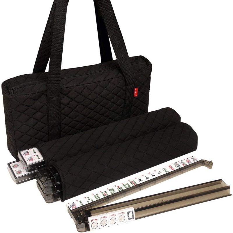 Photo 1 of American Mah Jongg Set Black Quilted Soft Bag - 166 White Engraved Tiles, 4 All-in-One Rack/Pushers

