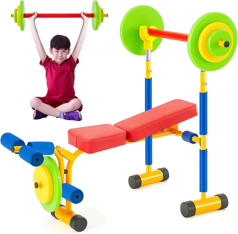 Photo 1 of Kids Weight Bench Set Fitness Exercise Equipment for Kids Toddler Adjustable Sports Exercise Equipment with Weights Foam Tray and Bar for Beginners Children Toddler Indoor Outdoor Sport
