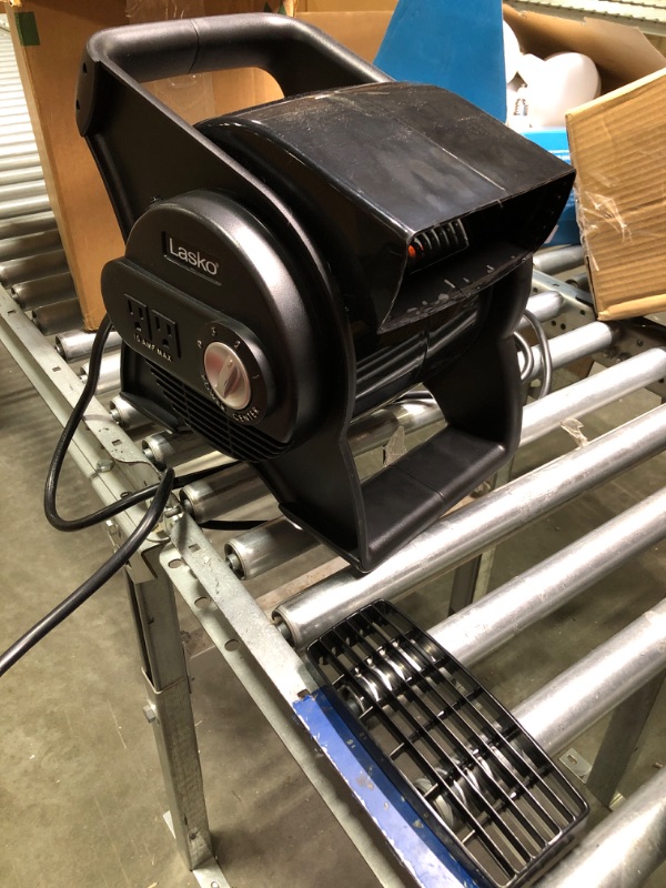 Photo 2 of **MINOR DAMAGE** Lasko High Velocity Pivoting Utility Blower Fan, for Cooling, Ventilating, Exhausting and Drying at Home, Job Site, Construction, 2 AC Outlets, Circuit Breaker with Reset, 3 Speeds, 12", Black, U12104
