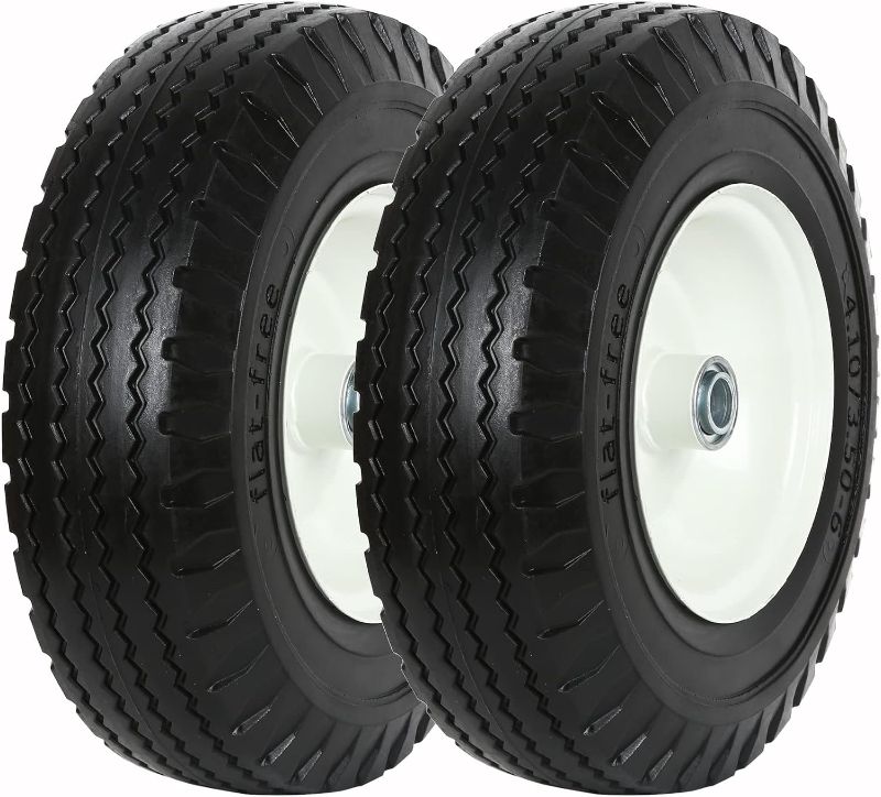 Photo 1 of WEIZE 4.10/3.50-6 Flat Free Tire with Rim, Hand Truck Utility Universal Wheels, 3" Hub Length, Centered Hub, 0.75" Ball Bearings, Flat Free, Set of 2
