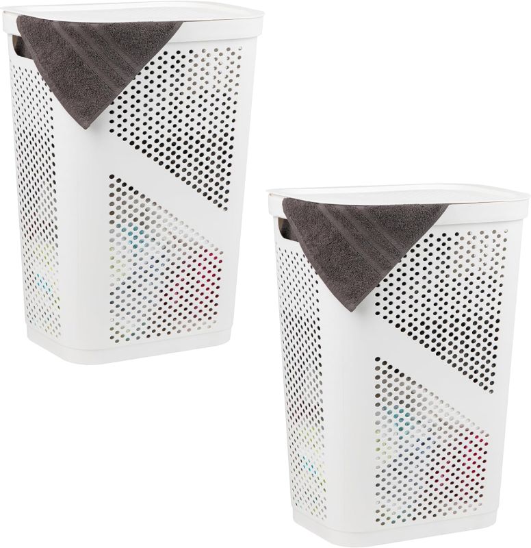 Photo 1 of **SHARP EDGES** Mind Reader Basket Collection, Slim Laundry Hamper, 60 Liter (15g/33lbs) Capacity, Cut Out Handles, Attached Hinged Lid, Ventilated, Set of 2, White
