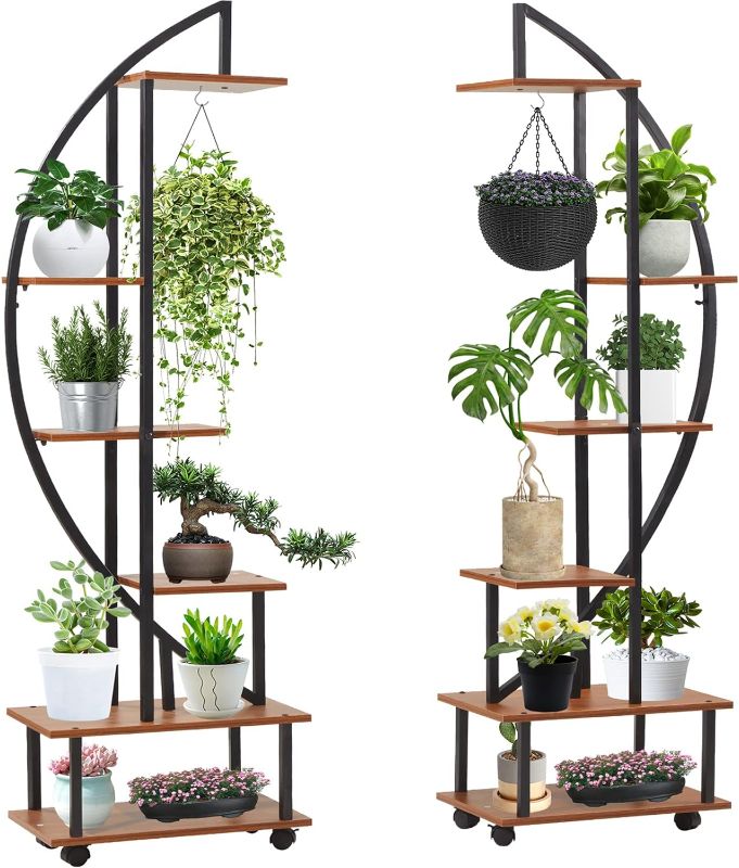 Photo 1 of 2 Pcs 6 Tier Metal Plant Stand Plant Stands for Indoor Plants, Plant Shelf for Planter Display with Detachable Wheels and 2 Hooks, Half Moon Plant Stand for Living Room, Balcony, Patio
*not exact picture**
