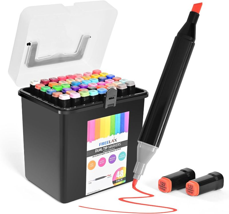 Photo 1 of Alcohol Markers, 48 Colors Dual Tip Art Markers Set Pens Permanent Alcohol-based Ink, Fine & Chisel, Penholder Case for Adult & Kids Drawing
