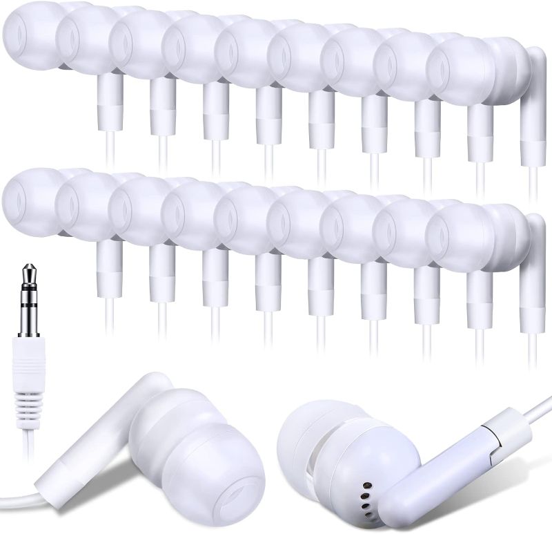Photo 1 of 100 Pack Wired Earbuds Bulk Earbuds for Classroom White Ear Headphones Wired Basic Student Earbuds No Microphone with 3.5 MM Jack for Kids Schools Libraries Laptop, Individually Bagged
