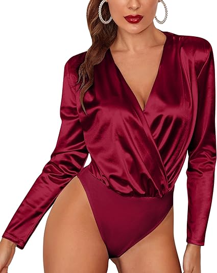 Photo 1 of Chigant Women's Bodysuit Top Satin Long Sleeve V Neck Snap Closure Wrap Body Suits Leotard Size XL
