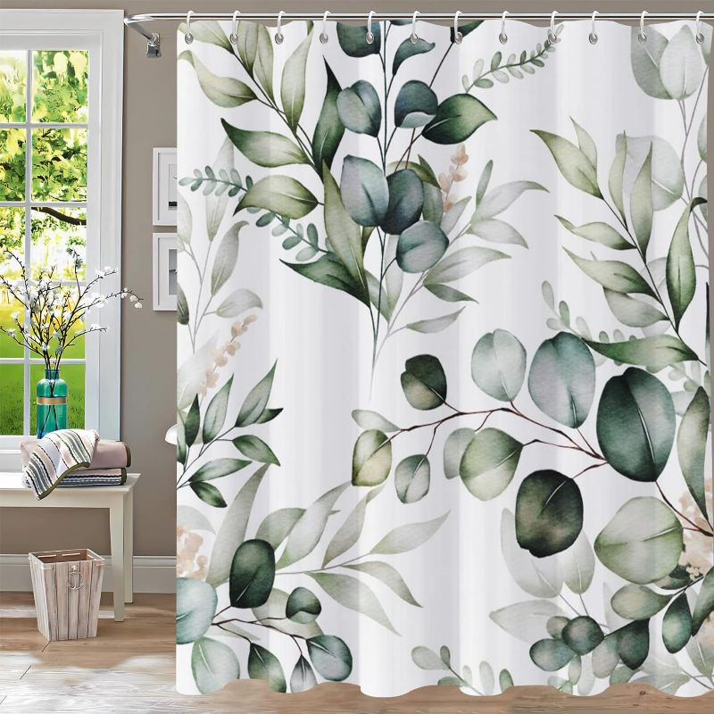 Photo 1 of YiarTaan Shower Curtain,Green Shower Curtains for Bathroom Watercolor Plant Leaf Shower Curtain Eucalyptus Sage Green Shower Curtain Sets Fabric Cloth Shower Curtains Decor 72x72 with Hooks Eucalyptus Leaf L 72"x W 72"