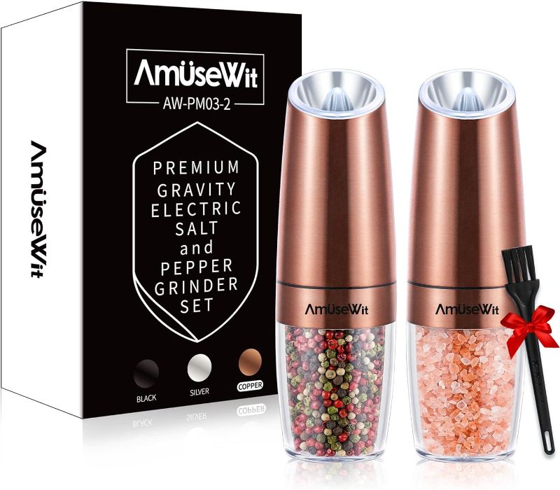 Photo 1 of AmuseWit Gravity Electric Pepper and Salt Grinder Set [White Light] Battery Operated Automatic Pepper and Salt Mills with Light,Adjustable Coarseness,One Handed Operation,Copper
