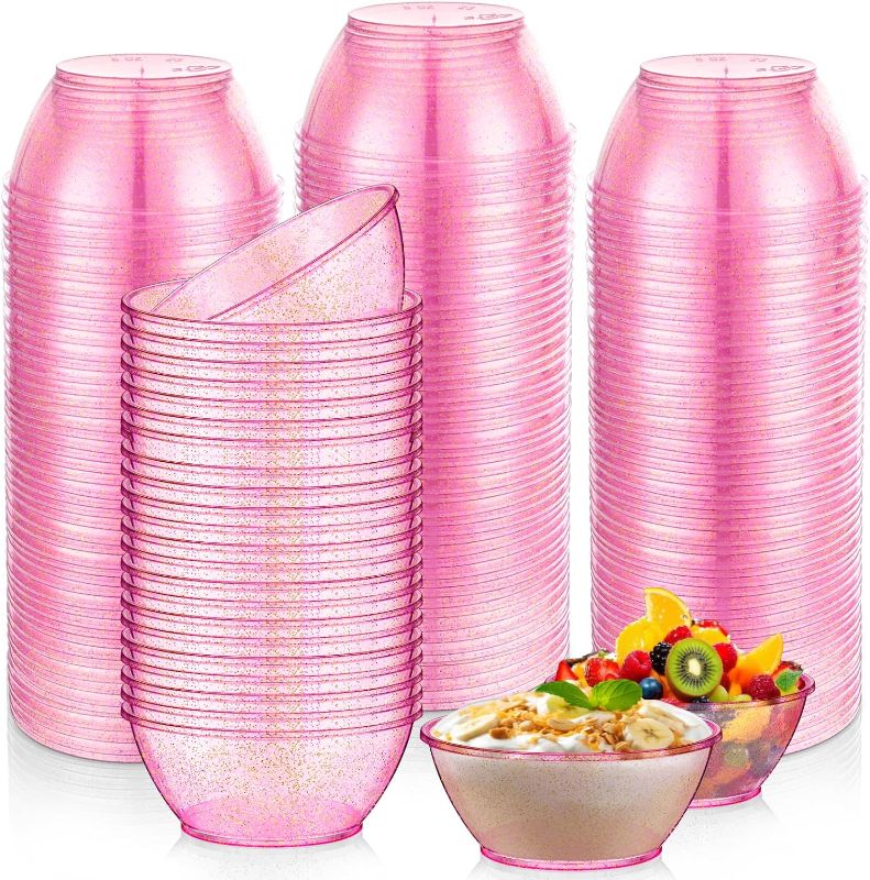 Photo 1 of 200 Pack Mini Hard Plastic Bowls 6oz Disposable Party Bowl Glitter Bowls Small Salsa Dessert Bowls Ice Cream Candy Fruit Serving Bowls for Wedding Baby Shower Birthday Valentine Party (Pink)
