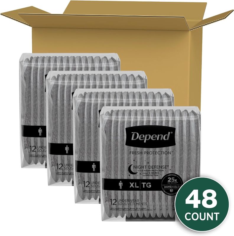 Photo 1 of Depend Night Defense Adult Incontinence Underwear for Men, Disposable, Overnight, Extra-Large, Grey, 48 Count (4 Packs of 12), Packaging May Vary
