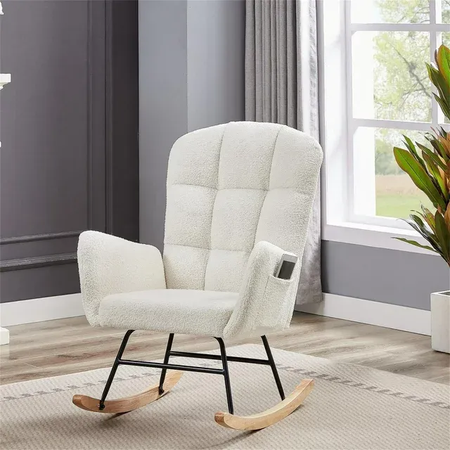 Photo 1 of YYAo Teddy Upholstered Rocking Chair, Accent Chair with High Backrest Armchair Comfy Side Chair for Living Room Bedroom Offices, White
