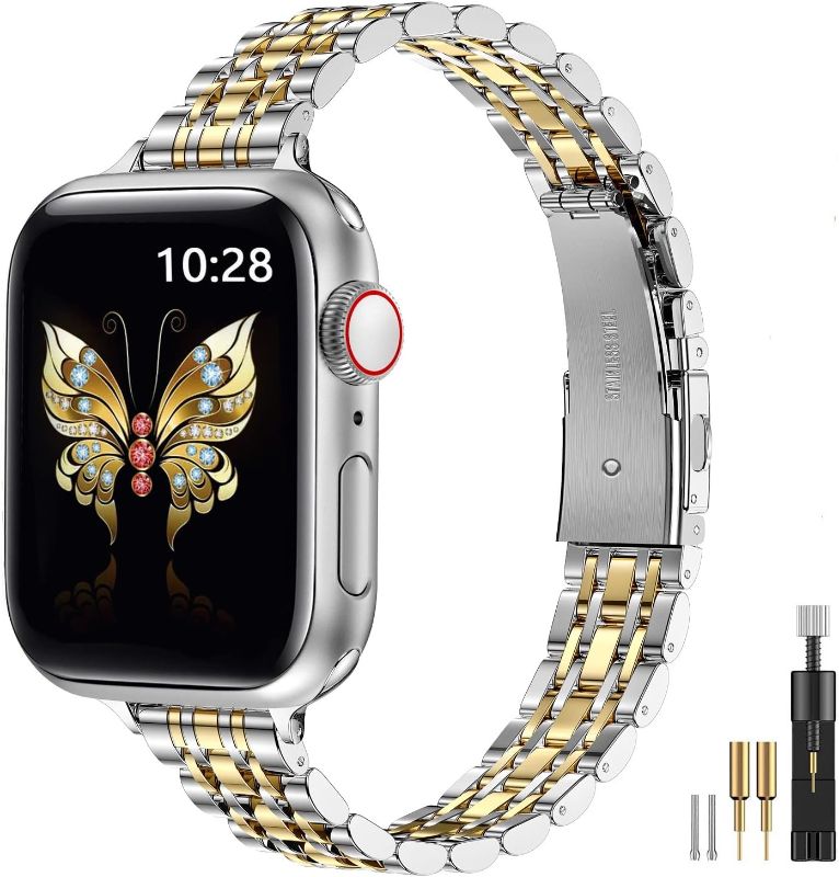 Photo 1 of MioHHR Slim Metal Band Compatible with Apple Watch Band 41mm 40mm 38,mm,Dressy Stainless Steel Chain Strap for Women iWatch Bands Series 9 8 7 6 5 4 3 2 1 SE,Silver/Gold
