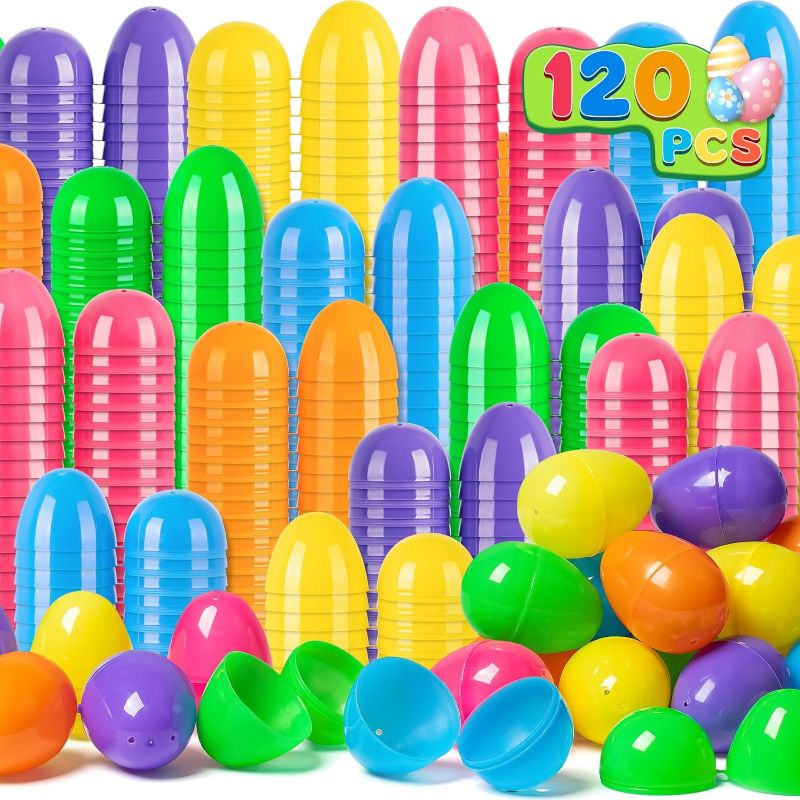 Photo 1 of 120 PCS 2.4" Plastic Easter Eggs Bulk, Empty Easter Eggs in 6 Colors, Fillable Colorful Easter Eggs with Hinge, Perfect for Easter Hunt, Basket Stuffers Fillers and Easter Theme Party Favors

