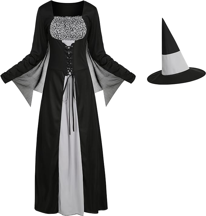 Photo 1 of Colorful House Women Wicked Witch Costume, Purple Long Sorceress Classic Dress Medium Gray Ghost