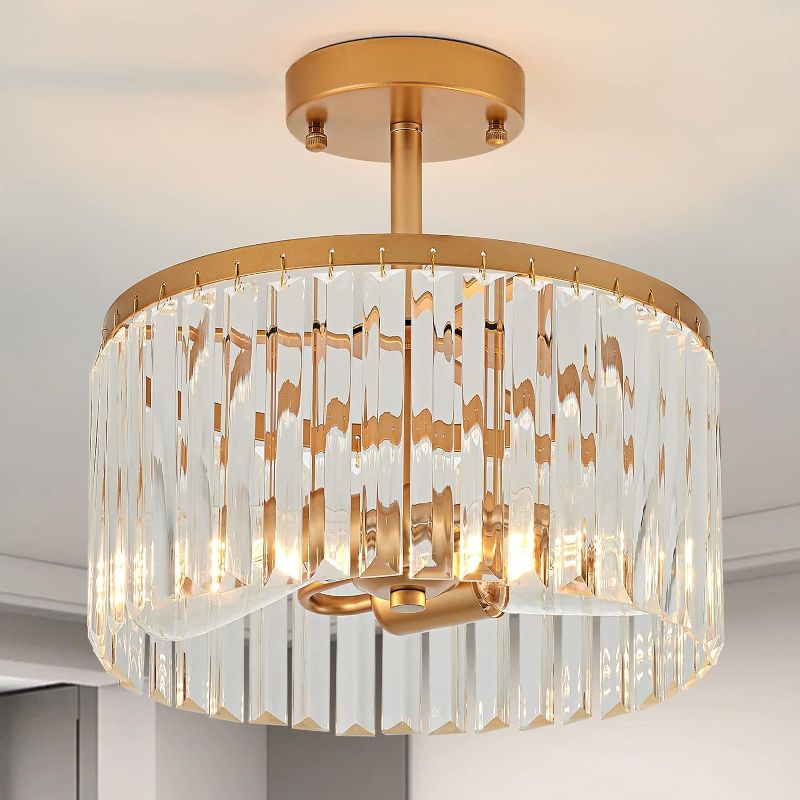 Photo 1 of 12“ Gold Semi Flush Mount Crystal Ceiling Light Fixtures for Kitchen Modern Industrial 2-Light Small Chandeliers Lighting for Bedroom Entryway Hallway Living Dining Room Foyer
