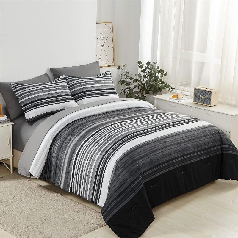 Photo 1 of ***SIMILAR ITEM*** 7 Piece Bed in a Bag Stripe Comforter Set King Size, White Grey Black Patchwork Striped Comforter and Sheet Set, All Season Soft Microfiber Complete Bedding Sets(Grey,King)