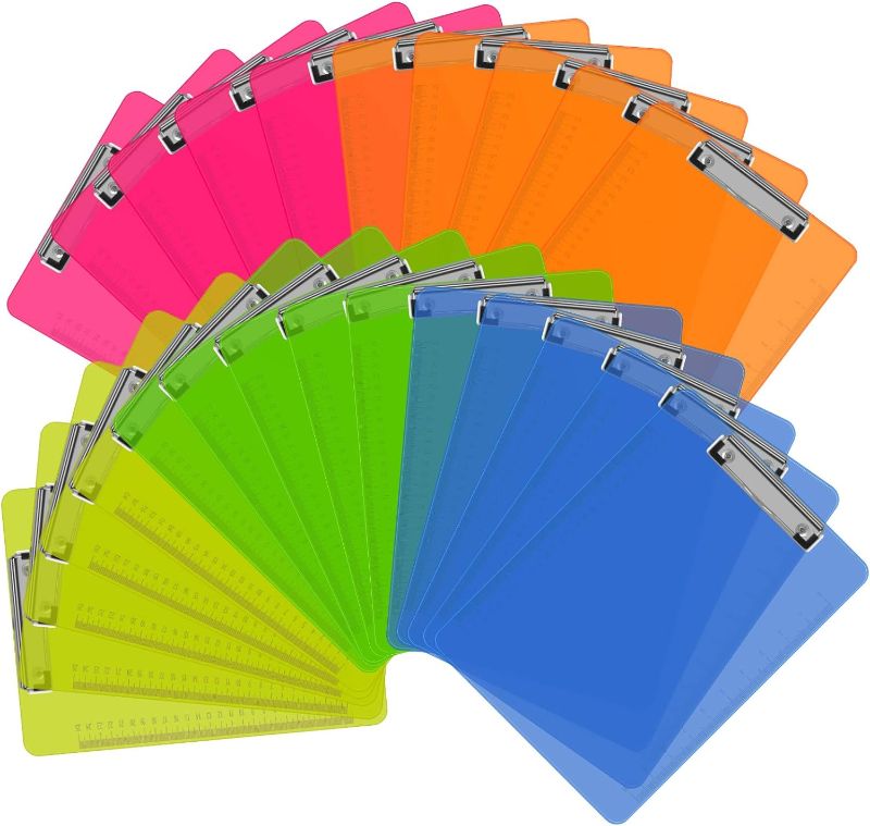 Photo 1 of Clipboards, HERKKA Plastic Clipboards Low Profile Clip Standard A4 Letter Size, Assorted Transparent Color, for Classroom and Office Use