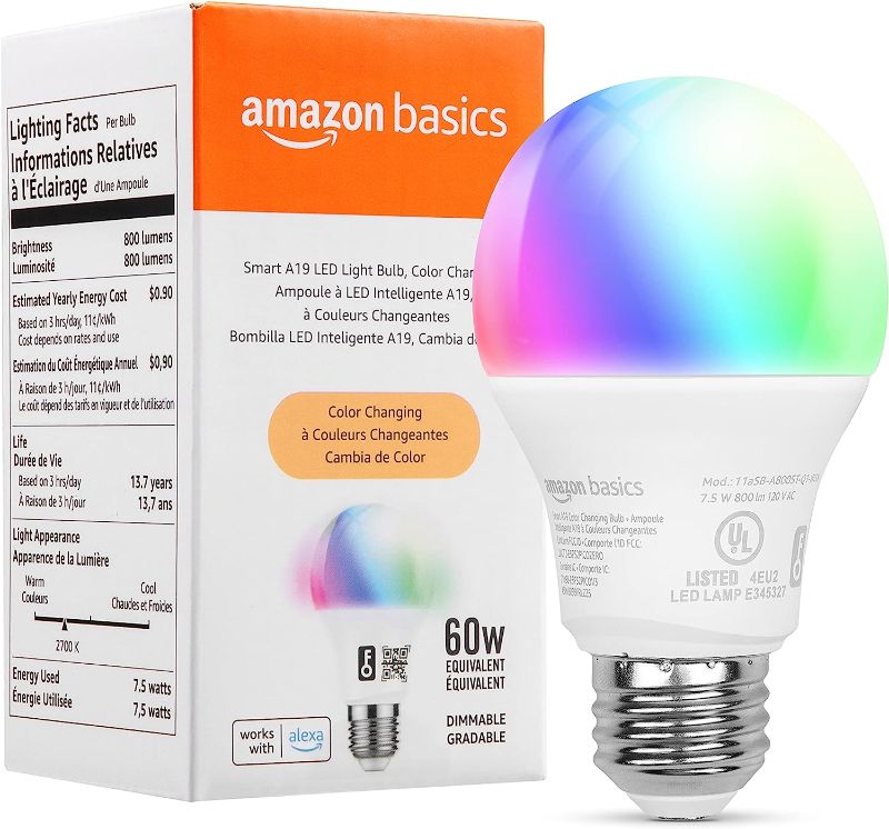 Photo 1 of Amazon Basics Smart A19 LED Light Bulb, 2.4 GHz Wi-Fi, 7.5W (Equivalent to 60W) 800LM, Works with Alexa Only, 1-Pack, Multicolor

