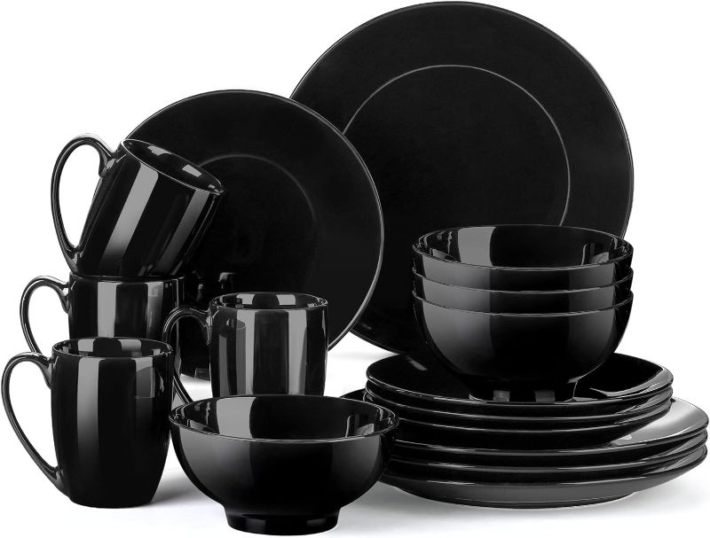 Photo 1 of *** USED****LOVECASA Black Dinnerware Sets Plates and Bowls Sets for 4, Ceramic Dish Set Round Dinner Sets, 16 Pieces Porcelain Dinnerware Set Crockery Sets, Dishwasher Microwave Safe *** PARTIAL SET***
