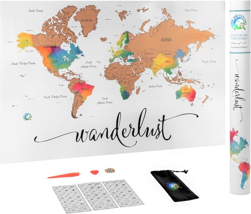 Photo 1 of Scratch Off Map of The World | Deluxe Watercolor Wanderlust Edition | XL Size 36"x 24" | Easy to Frame | Beautiful Wall Art | Perfect Travel Gift | Includes Scratch Off Tools