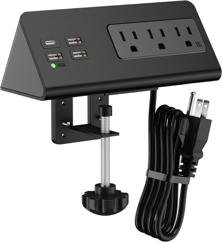 Photo 1 of Desk Edge Clamp Mount Power Strips with 4 USB Ports(1xPD 20W USB-C Port)& 3 AC Outlets,1875 Joules Tabletop Surge Protector, Power Sockets for Office Table/Hotel Nightstands,ETL Listed (1-Pack, Black)