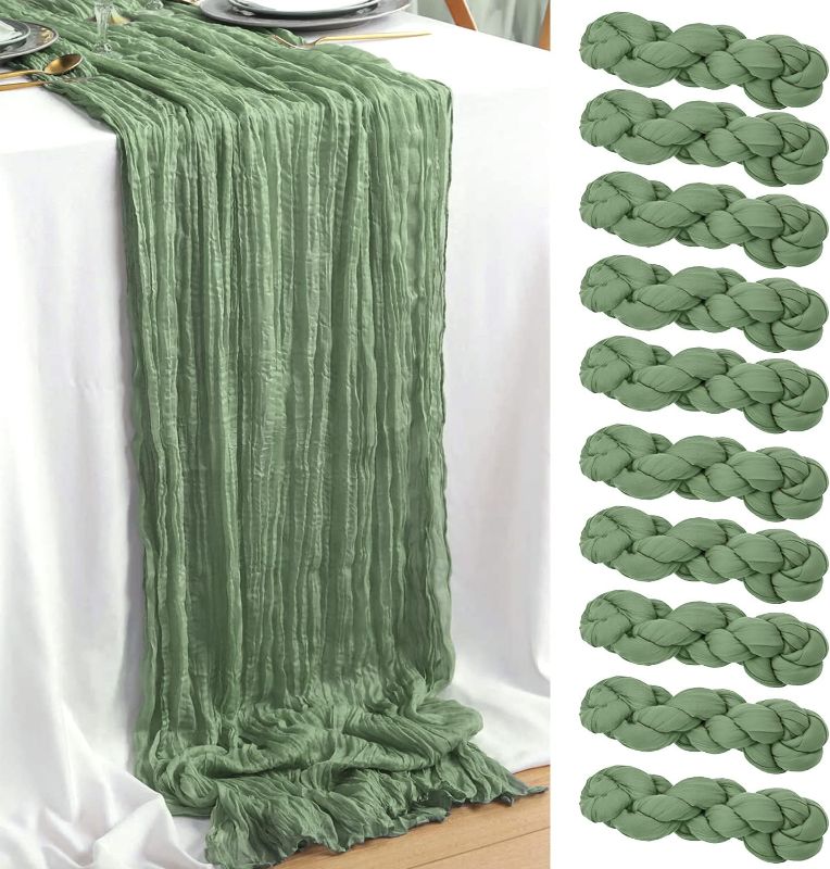 Photo 1 of 10 ft Cheesecloth Table Runner (12 PCS) - 35 x 120 inches Sage Green Table Runner for Rustic Boho Wedding, Bridal Shower, and Birthday Party