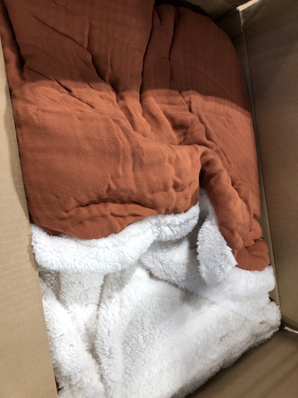 Photo 3 of Muslin Sherpa Bed Blanket Queen 90x90 inch Thick Fall Winter Cotton with Sherpa Fleece Bed Blanket Warm Blanket for Bed, Couch Burnt Orange Burnt Orange Queen with Sherpa