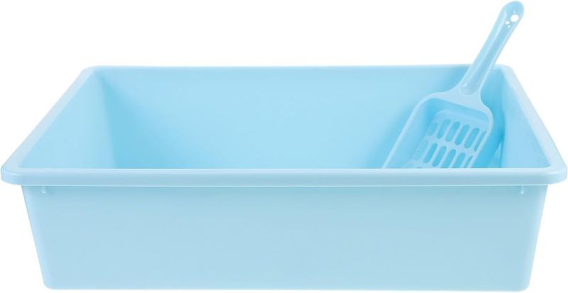 Photo 1 of 1 Set Open Cat Litter Box with Scoops Plastic Litter Pan Cat Litter Tray Nonstick Cat Toilet for Puppy Bunny Small Animals***** blue*****diferent colors*****