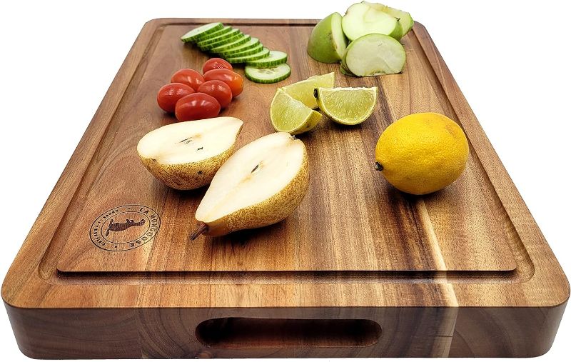 Photo 1 of Acacia Wooden Cutting Board for Kitchen, Edge Grain Wood Chopping Board with Juice Groove and Handles, Pre-Oiled Carving Tray for Meat & Cheese