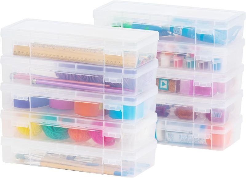 Photo 1 of IRIS USA 10 Pack Large Plastic Art Craft Sewing Supply Organizer Storage Containers with Latching Lid, for Paint Brush, 12" Ruler, Tools, Ribbons, Washi Tape, Ornaments, Stackable, Clear