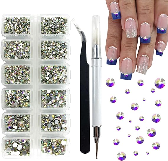 Photo 1 of 3800 Pieces Round Crystal Rhinestones for Nail Art,6 Sizes Flat Back Gems Sparkly Glass Diamond Stones Kit with Upgrade Picking Pen and Tweezers for Crafts Makeup Clothes Shoes Bags(White AB)
